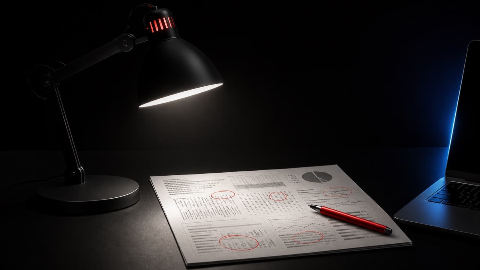 Desk lamp lighting an escape room ad account under a 27-point review
